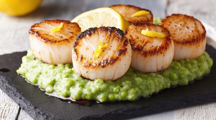 Grilled scallops served on a bed of creamy green pea puree, garnished with lemon slices, presented on a slate plate.
