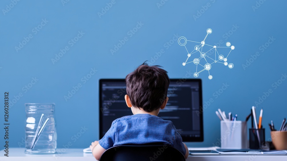 Aufkleber Young Child Engaged in Coding with Computer and Creative Background