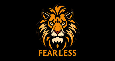 The lion's head is presented in a bold, simplified style, with a rich orange-gold color against a black background