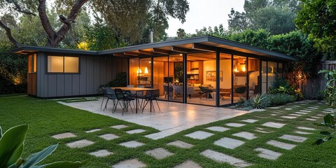 Fototapeta premium Modern House Design: Stunning Glass Walls & Backyard Patio with Stone Walkway, Illuminating Evening Ambiance