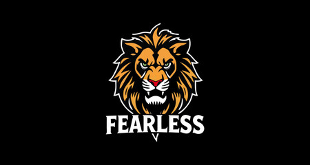 A logo, centered on a black background, features a stylized lion's head.