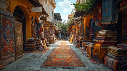 Naklejka premium Turkish rug market, vibrant stalls, colorful carpets, alleyway