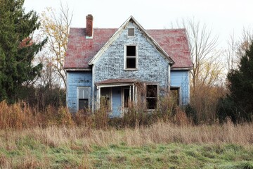 Overgrown, abandoned house in autumn.