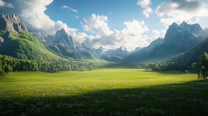 Sunny meadow in mountainous valley, idyllic landscape