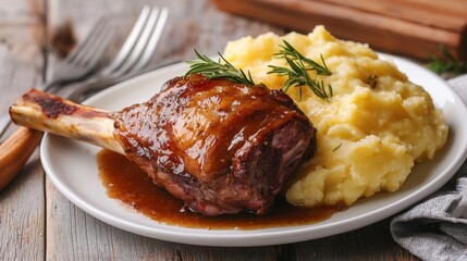 A delicious plate of lamb shank served with creamy mashed potatoes and garnished with fresh herbs on a rustic table.