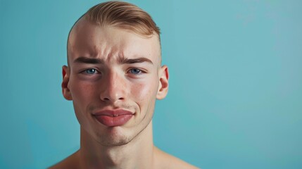 Fototapeta premium A man with a shaved head and a mustache is looking at the camera. He has a sad expression on his face