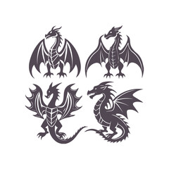 Fierce Dragon Silhouettes Isolated Vector Illustration Set