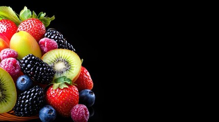 Fresh berries and fruits in basket, black background, healthy eating