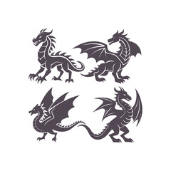 Fierce Dragon Silhouettes Isolated Vector Illustration Set