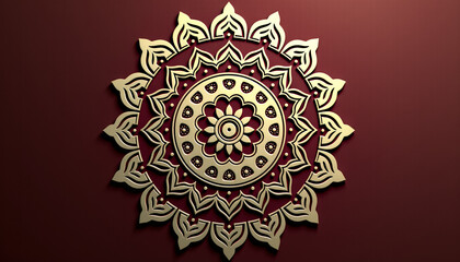 Golden mandala background featuring symmetrical mandala patterns embossed in gold on deep maroon fabric texture