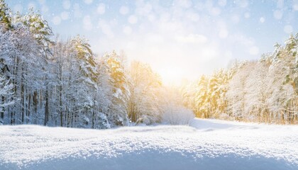 Fototapeta premium Winter solstice concept. Beautiful snowy picturesque forest landscape with snow and drifts 