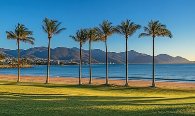 Fototapeta premium Palm trees on grassy beach with ocean and mountains, ideal for travel ads