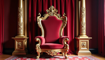 Royal throne room background featuring deep red and gold velvet with detailed wooden carvings of peacocks and floral motifs