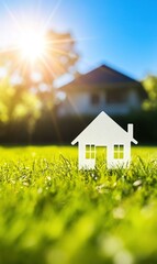 Paper house on grass with blurred house and sun in background, eco-friendly housing concept