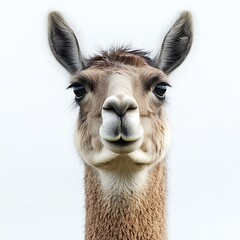 Fototapeta premium Llama portrait, farm animal close-up, white background, wildlife