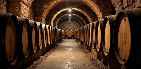 Dusty, aged tawny port wine barrels in cellar, detail, brown, dark