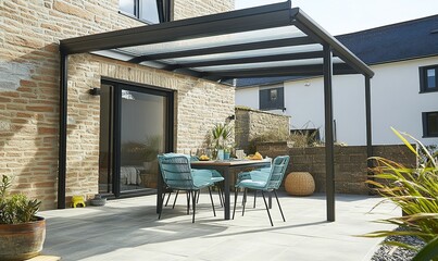 Patio dining set under modern pergola attached to stone house in residential area