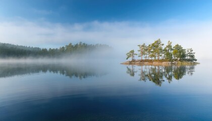 Obraz premium Serene misty island landscape with reflections on calm lake water