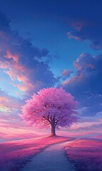 Pink cherry blossom tree at sunset with path, serene landscape