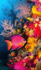 Obraz premium Pink fish swims by vibrant coral reef in tropical ocean