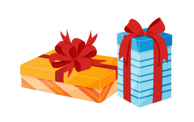 Two Gift boxes with red ribbon bow. Hand drawn trendy flat style isolated icon Element design for giveaway, surprise, holiday. Vector illustration