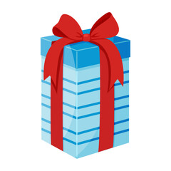 Gift box with red ribbon bow. Hand drawn trendy flat style isolated icon Element design for giveaway, surprise, holiday. Vector illustration