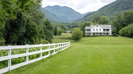 Fototapeta premium Large white farmhouse stands in a lush green valley surrounded by forested mountains under an overcast sky.