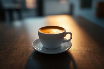 Obraz premium Cup of coffee sitting on table in cafe with sunset lighting