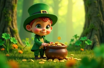 St. Patrick's day icon: cute child leprechaun and a pot of gold. Cartoon lucky elf dwarf in a forest clearing