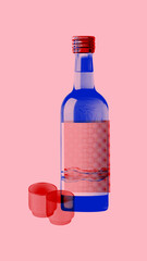 Bottle of soju with two shot glasses, layered with red and blue halftone, set against soft pink background. Concept of Korean food, Asian traditions and culture, menu design. Minimalistic illustration