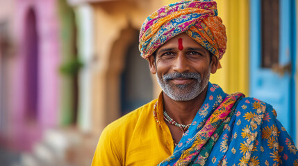 Obraz premium Potrait eines Inders mit Bart in traditioneller Kleidung, Rajasthan, Indien, Generative AI