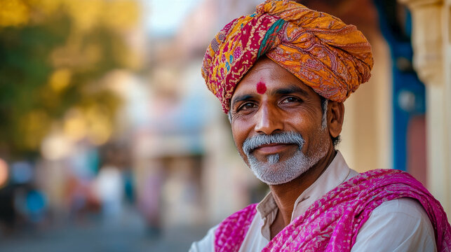 Potrait eines Inders mit Bart in traditioneller Kleidung, Rajasthan, Indien, Generative AI