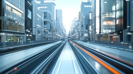 Fototapeta premium Futuristic Cityscape: A Train's-Eye View of Modern Urban Life