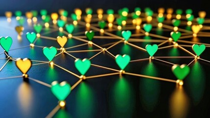 Glowing hearts network creates abstract pattern. Digital hearts connect in illuminated web. Love and technology intertwine in vibrant communication style for futuristic background use.