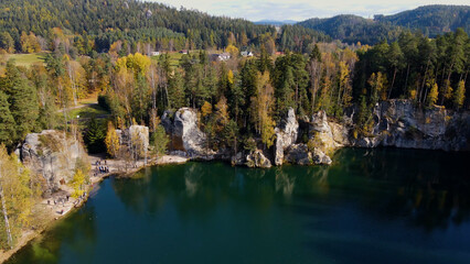 Lake view from above Drone landscape Adrspach Czech Republic