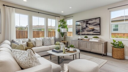 Fototapeta premium Modern Living Room Interior Design with Natural Light and Neutral Tones
