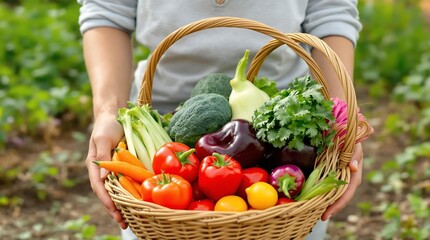Fototapeta premium Hand Holding Basket of Fresh Organic Vegetables in a Garden, generator AI