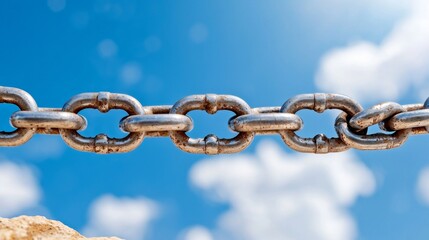 Obraz premium a close up of a metal chain on top of a rock, with a blue sky and white clouds in the background