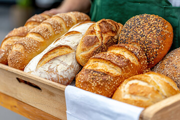 Freshly baked artisan bread selection with rustic loaves in wooden crate