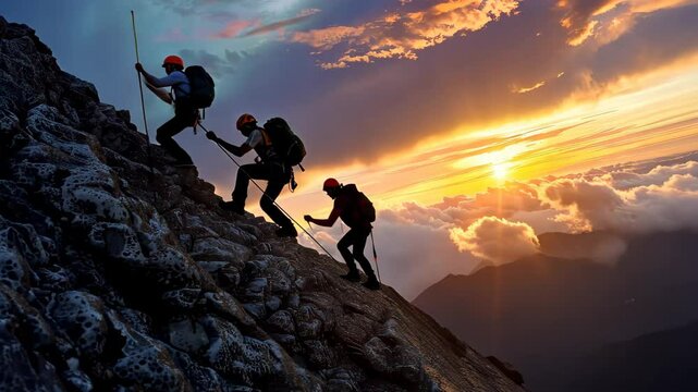 Three climbers navigate a steep rocky surface as a stunning sunset illuminates the horizon, creating a breathtaking display of colors.