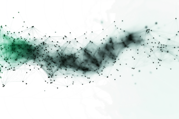 white background with dark green dots connected by thin lines, forming abstract structure that resembles digital data or network connections