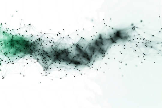 white background with dark green dots connected by thin lines, forming abstract structure that resembles digital data or network connections