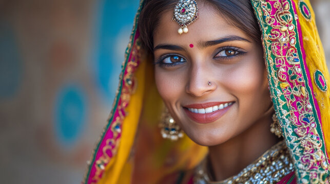 Potrait einer jungen sch&ouml;nen Inderin in traditioneller Kleidung, Rajasthan, Indien, Generative AI