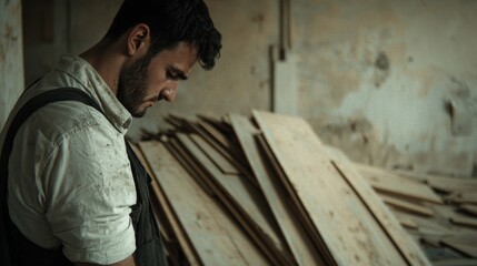 A focused carpenter reflects on his work in a rustic workshop filled with wooden planks and a creative atmosphere.