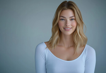 Obraz premium Portrait of a young blonde woman wearing a long-sleeved white top, isolated against a light grey background, captured in a professional photo studio setting with soft, natural lighting.