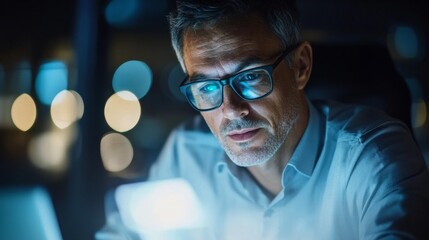 Focused Man Analyzing Data on Smartphone in Dimly Lit Environment