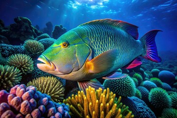 Deep-sea portrait: the bioluminescent Napoleon wrasse (Cheilinus undulatus), a threatened marine species, captured at night.