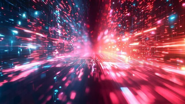 Data Stream Tunnel digital abstract journey! Red and blue lights particle effect tech intros cyber security promos and data visualization.