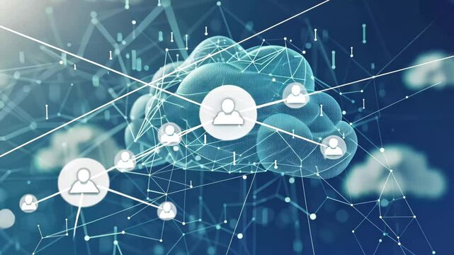 A digital cloud symbolizes advanced data connectivity and technology floating over an abstract background, illustrating modern innovation and virtual networks.