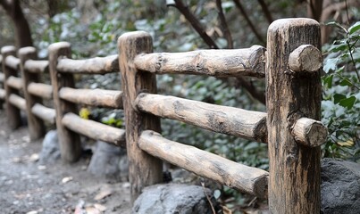 Naklejka premium Rustic wooden fence in a park, separating a path from foliage